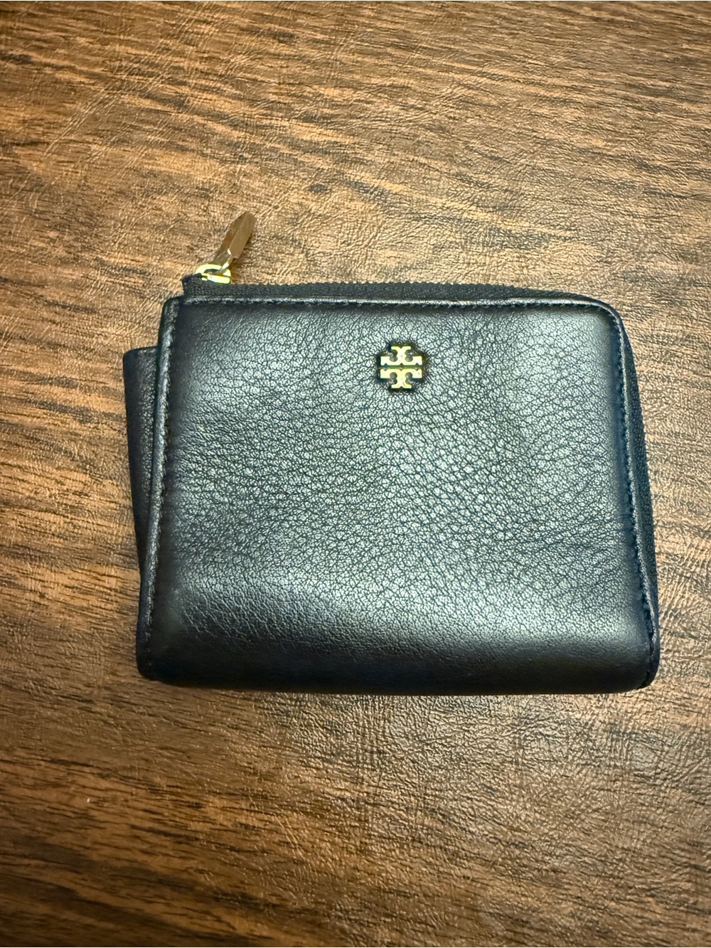 Tory Burch Black Leather Zip Card Wallet with Gold Logo